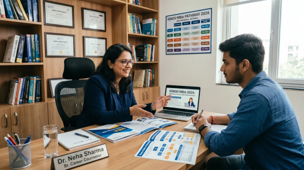 Education counselor guiding a student about IGNOU MBA Admission 2026 and career opportunities. 