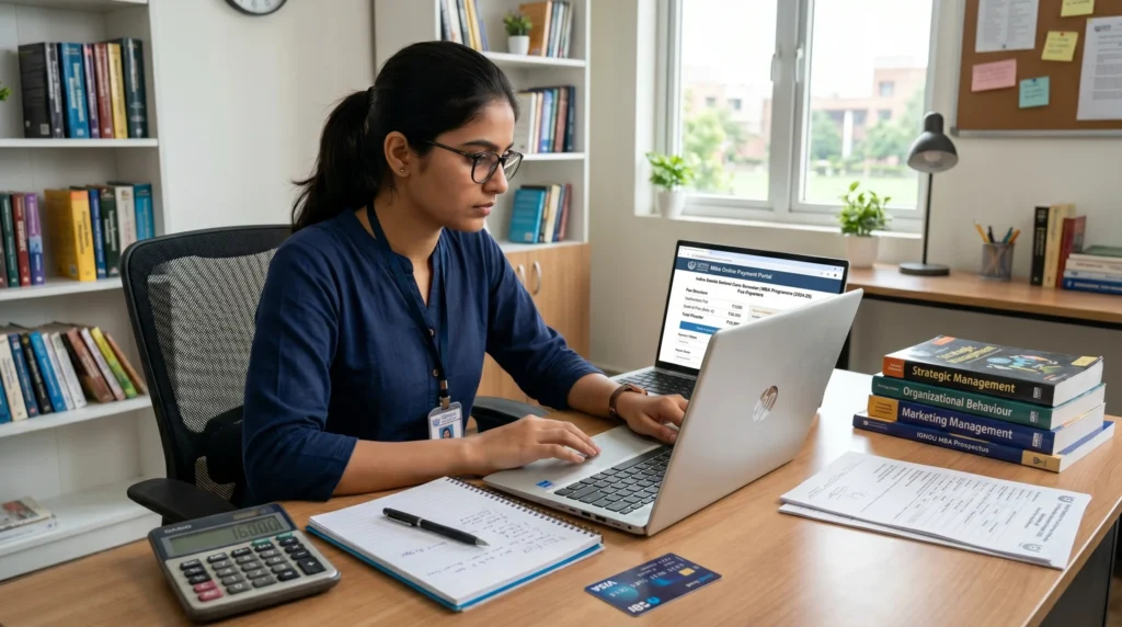 Student checking the IGNOU MBA fee structure and online payment process.