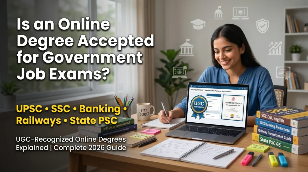 Student checking whether an online degree is accepted for UPSC SSC and Banking government job exams