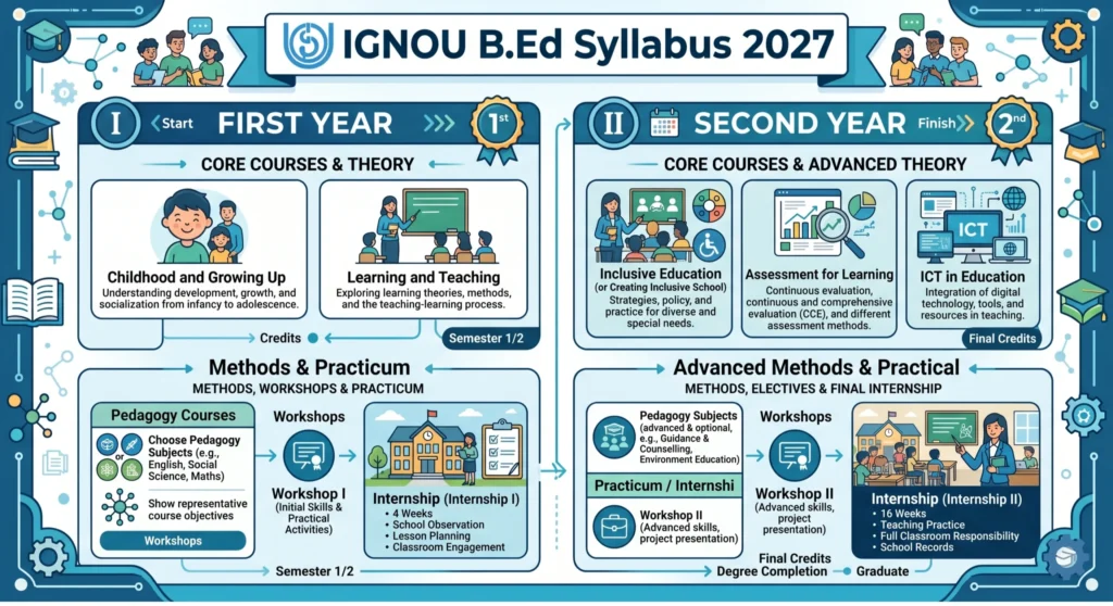 IGNOU B.Ed syllabus first year second year pedagogy courses internship structure
