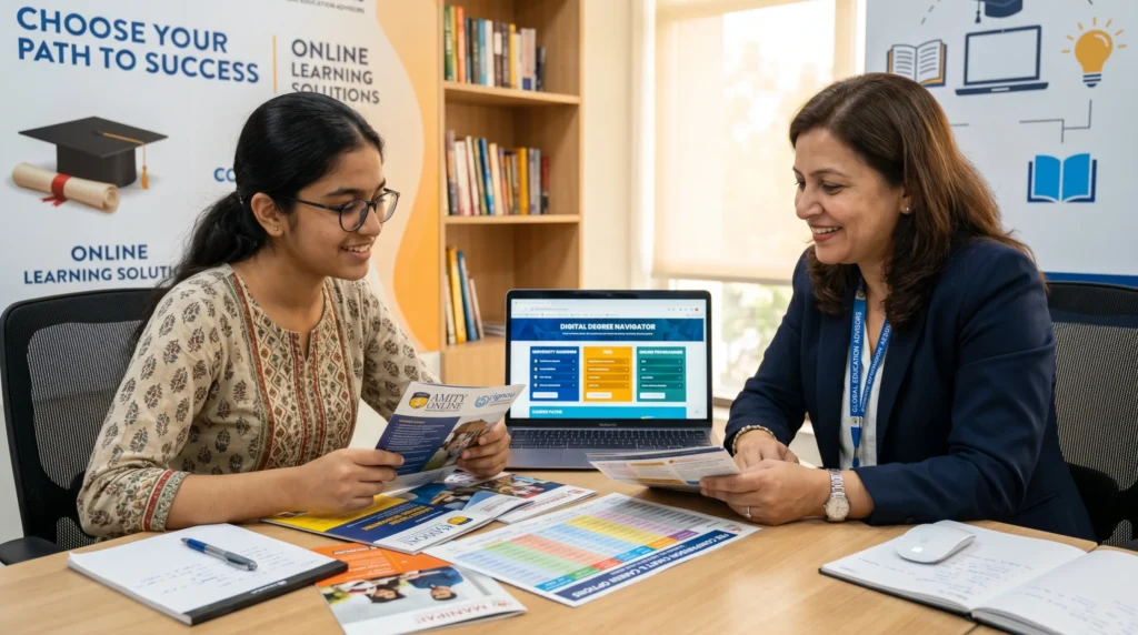 Education counselor helping a student choose the right online university.
