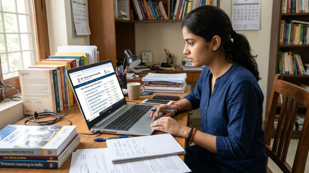 Student verifying UGC-approved online university before admission