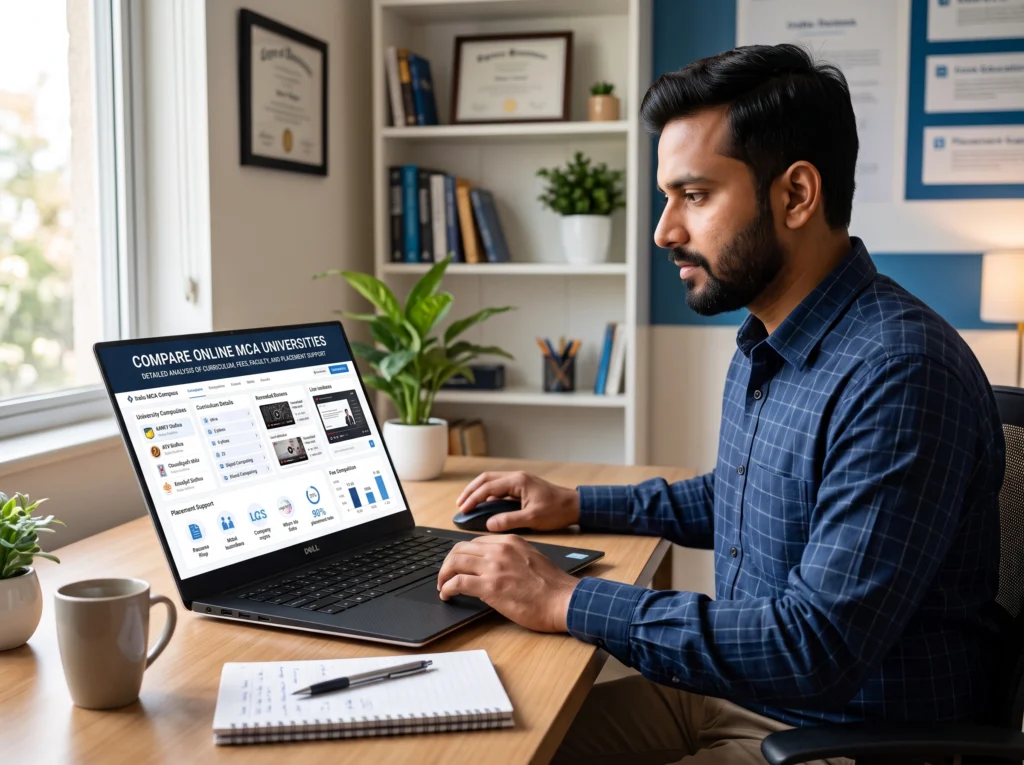 Working professional comparing Online MCA universities on a laptop before admission.