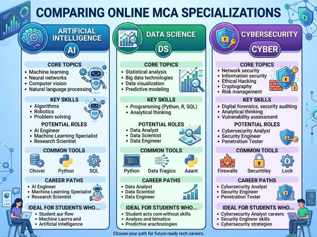 Student comparing Online MCA specializations in Artificial Intelligence, Data Science, and Cybersecurity.