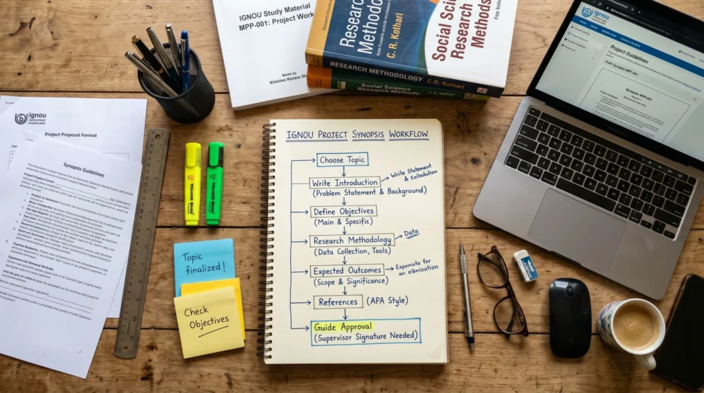 Flowchart showing the steps involved in writing an IGNOU project synopsis from topic selection to final approval.