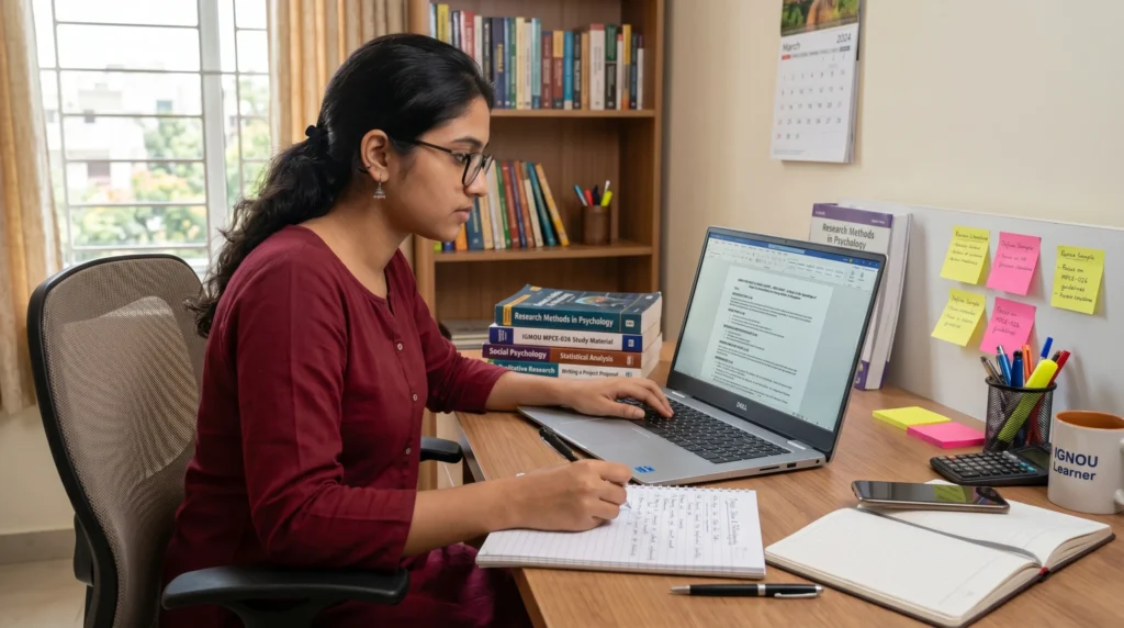 Student preparing an IGNOU project synopsis on a laptop before project approval.