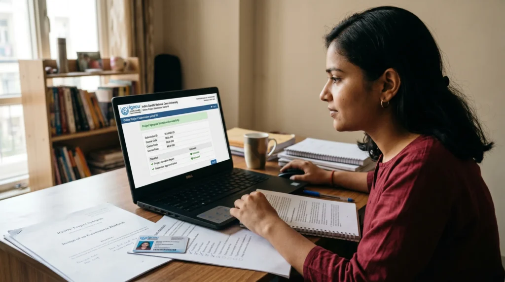 Student submitting an IGNOU project synopsis online using a laptop while reviewing required documents and submission guidelines.
